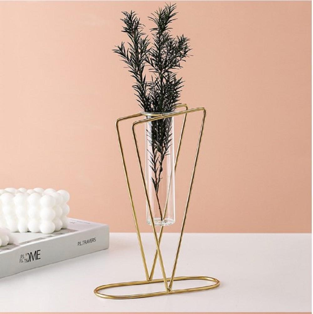 Golden Metal Vase with Glass Tube for Home Decor