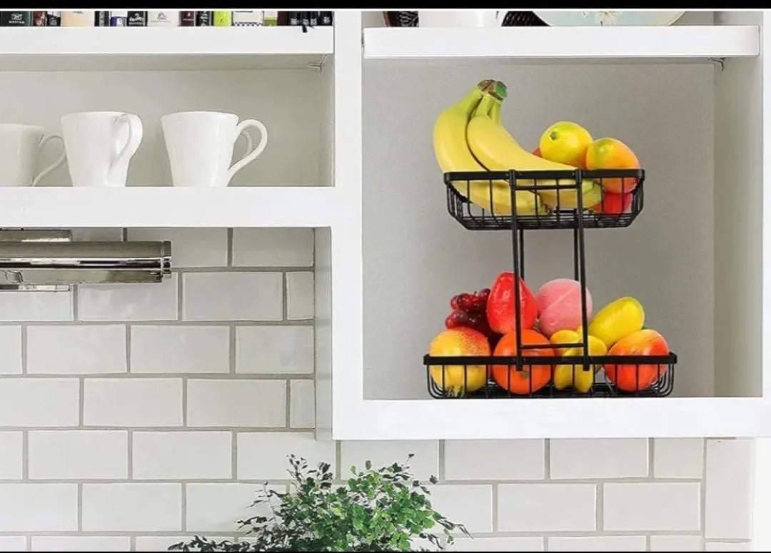Black Iron 2-Tier Fruit Basket for Kitchen Storage
